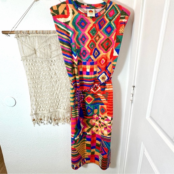 Farm Rio Colorful Geometric Red Rainbow Quilt Pattern Bohemian Rope Dress Small - Picture 2 of 9